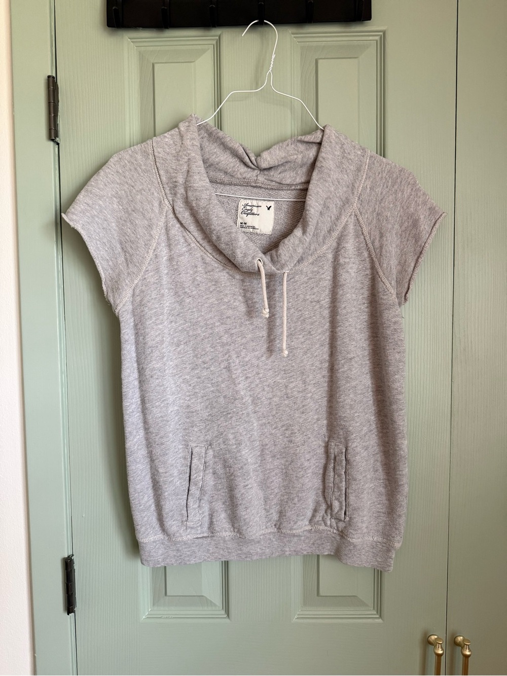 American Eagle Outfitters Light Heather Gray Short-Sleeve Hooded Sweatshirt